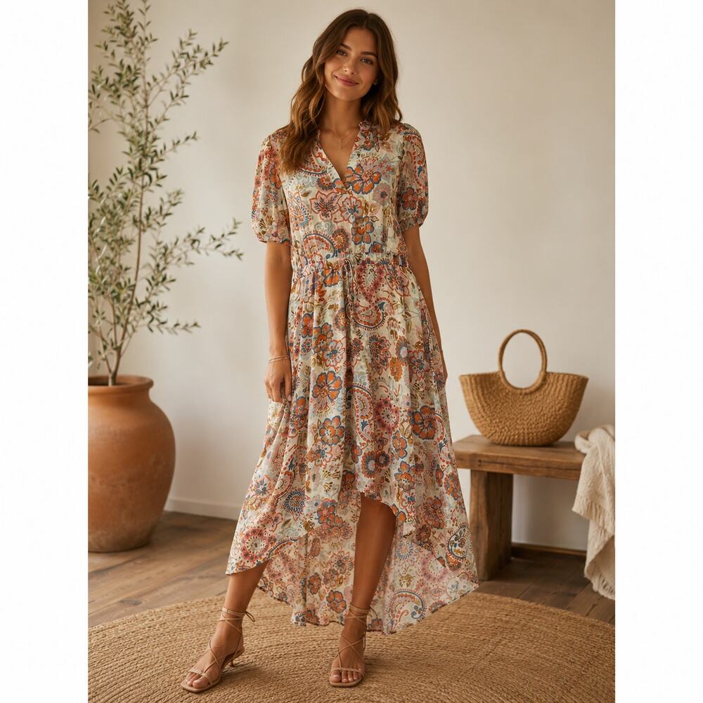 MSK orange blue floral lined dress wedding Small high low cinch waist